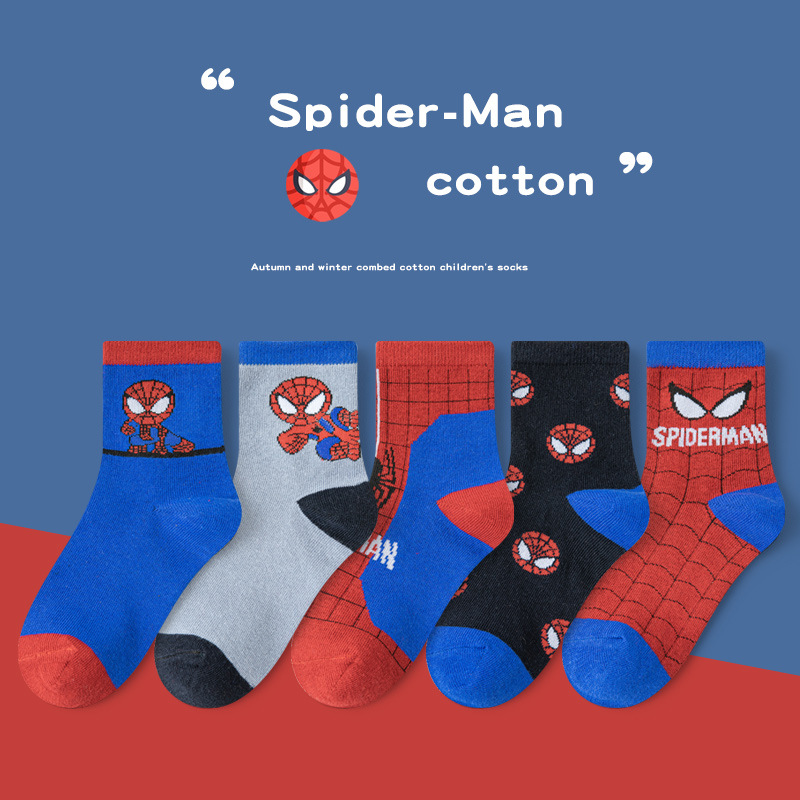 Boys Socks Spiderman Spring and Autumn Breathable Combed Cotton Mid-length Socks Autumn and Winter Middle School Students Cartoon Socks jum
