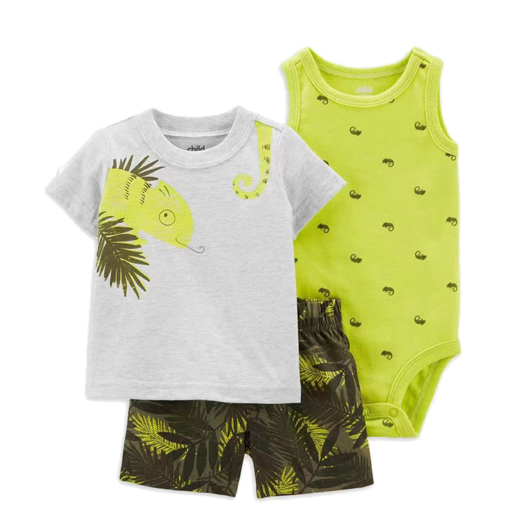 Foreign trade children's clothing new summer cross-border wholesale men's baby infant short sleeve shorts T-shirt bag fart clothes three-piece set