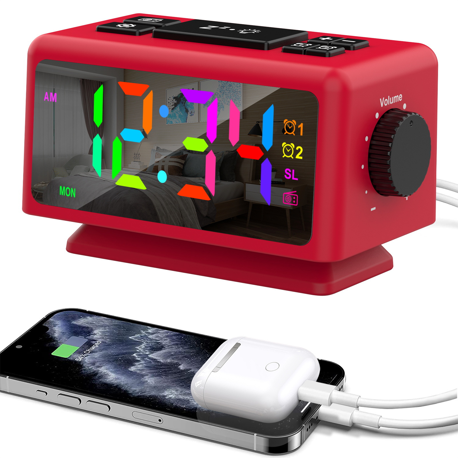2023 Amazon cross-border new calendar radio alarm clock RGB colorful mirror large screen display electronic clock