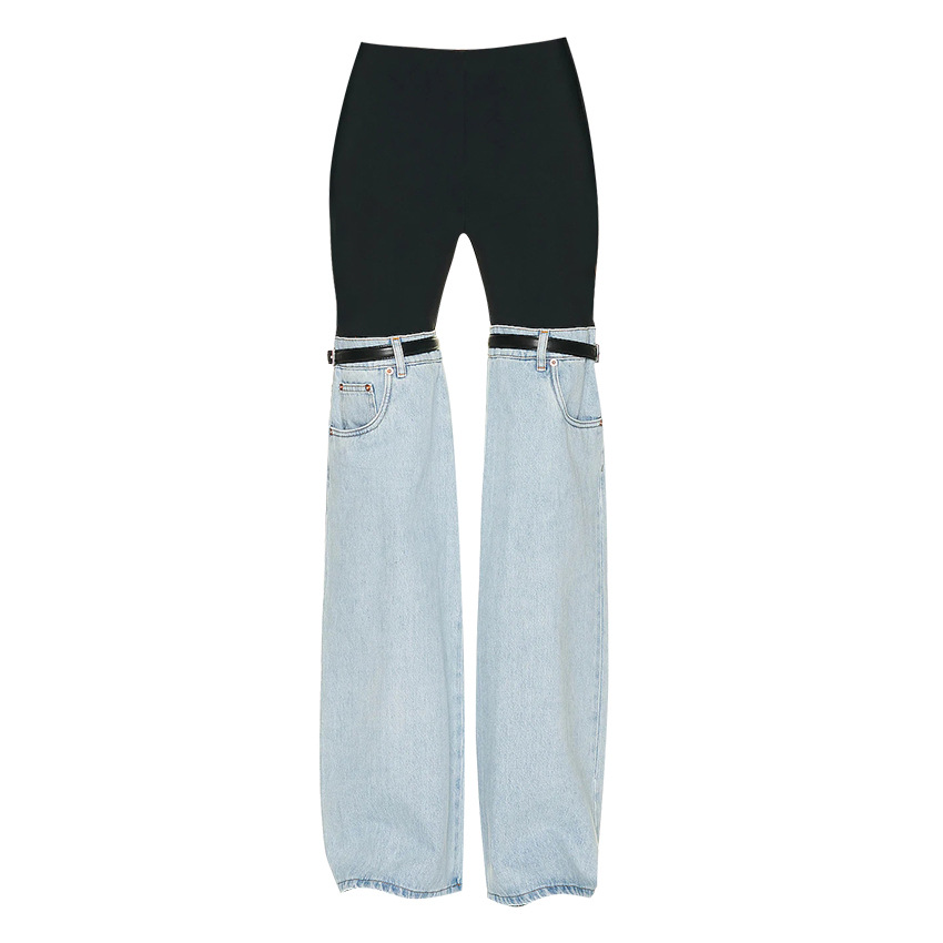 Design Sense American Style Stitching Jeans 2023 Spring New High Waist Straight Wide Leg High Distinctive Chic Pants for Women