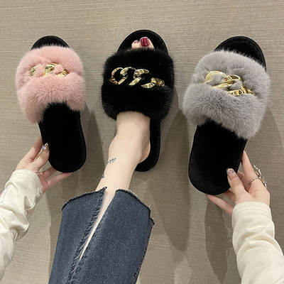 Foreign trade autumn and winter new metal chain Mao Mao slippers women's fashion warm big fur flat heel slippers cross-border