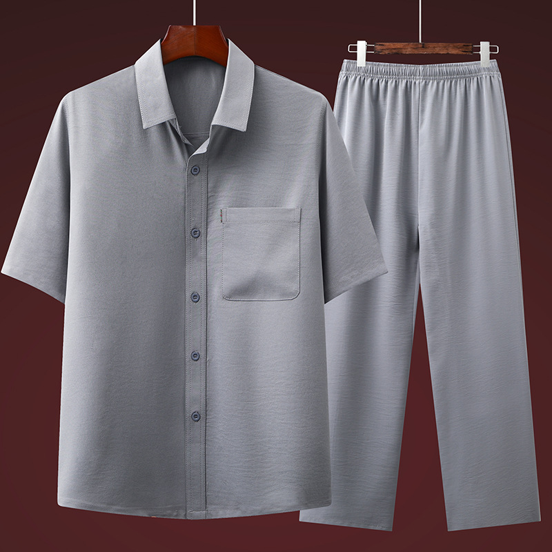 New Ice Silk Short-sleeved Shirt Men's Middle-aged and Elderly Thin Summer Clothes suit Middle-aged Casual Clothes for the Elderly A Set of Pants