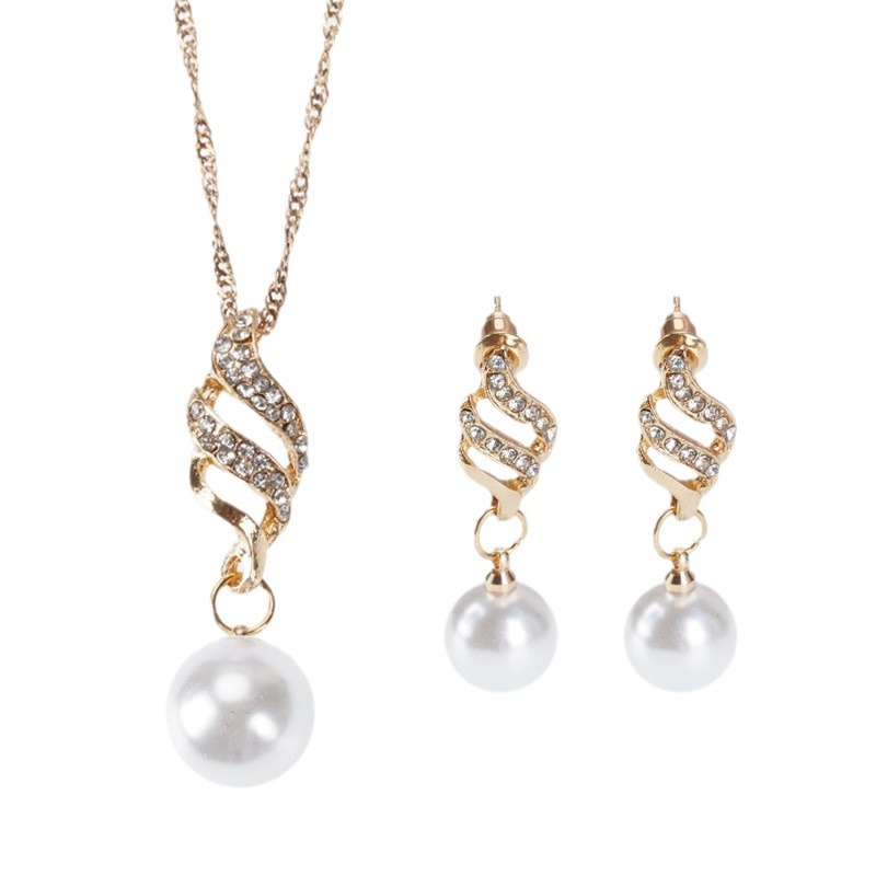 Qifu [gold and silver] fashion simple bridal diamond earrings necklace spiral pearl necklace suit wholesale