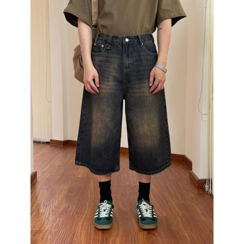 Fashionable Summer new retro distressed jeans cropped straight wide-leg pants men's and women's washed Denim shorts spring and summer