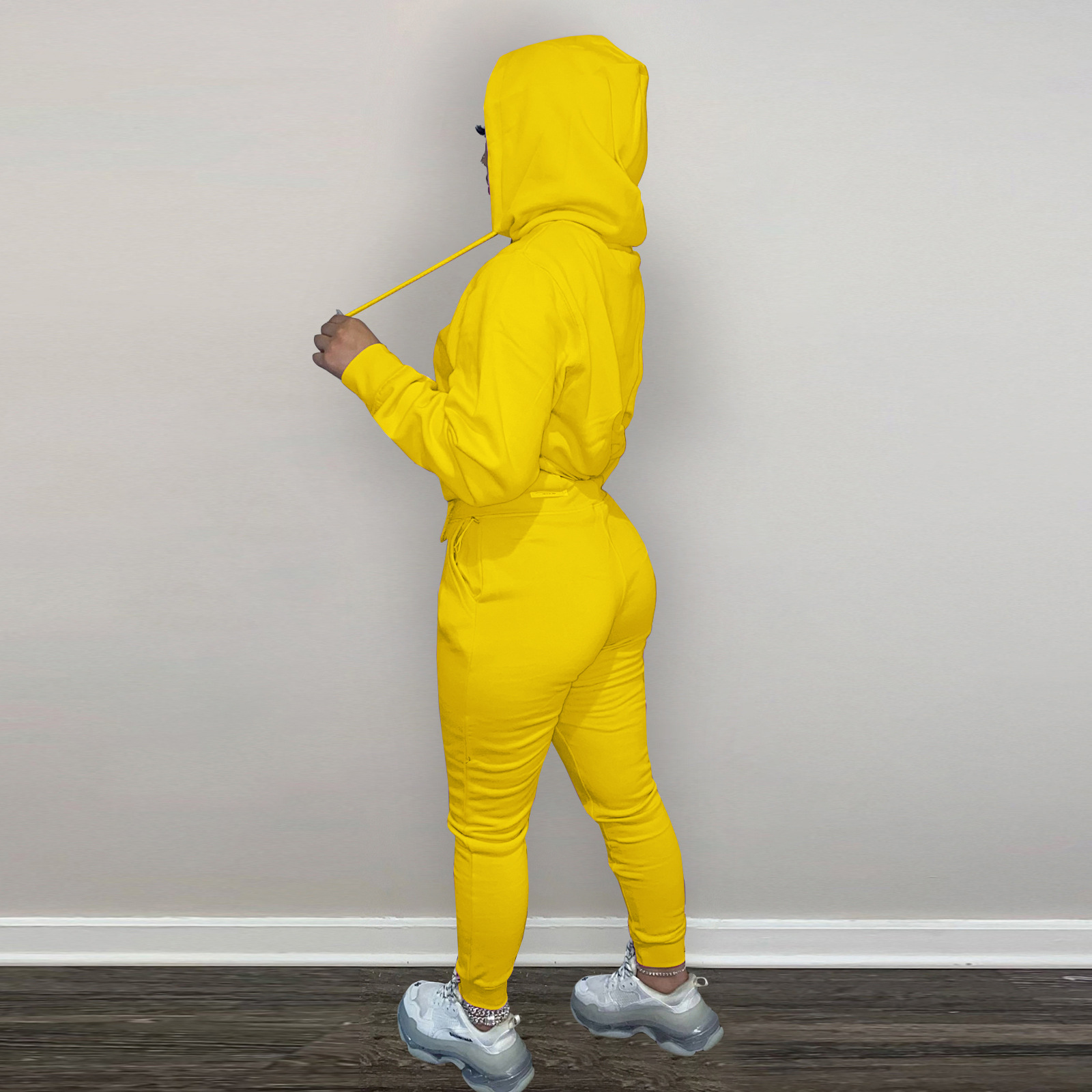 HR8197 European and American women's clothing  independent station supply autumn and winter plus velvet drawstring hooded two-piece set_voghion.com