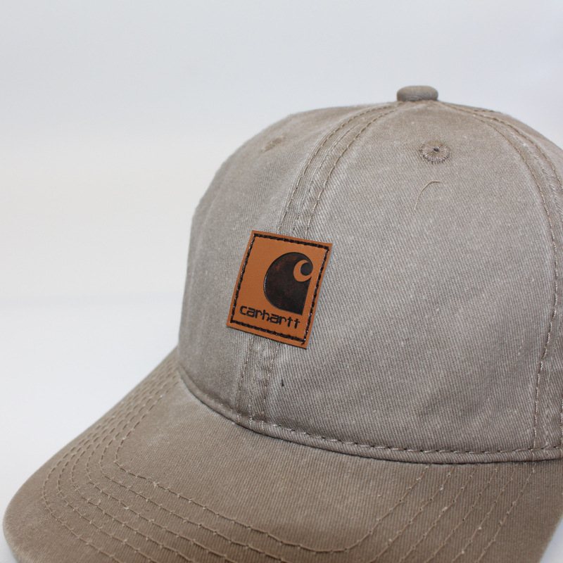 Washed distressed leather label baseball cap