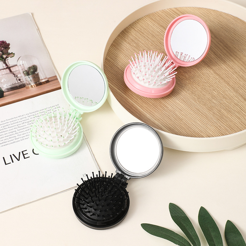 Folding cute mini portable round airbag mirror comb integrated comb with mirror flip ins style factory wholesale