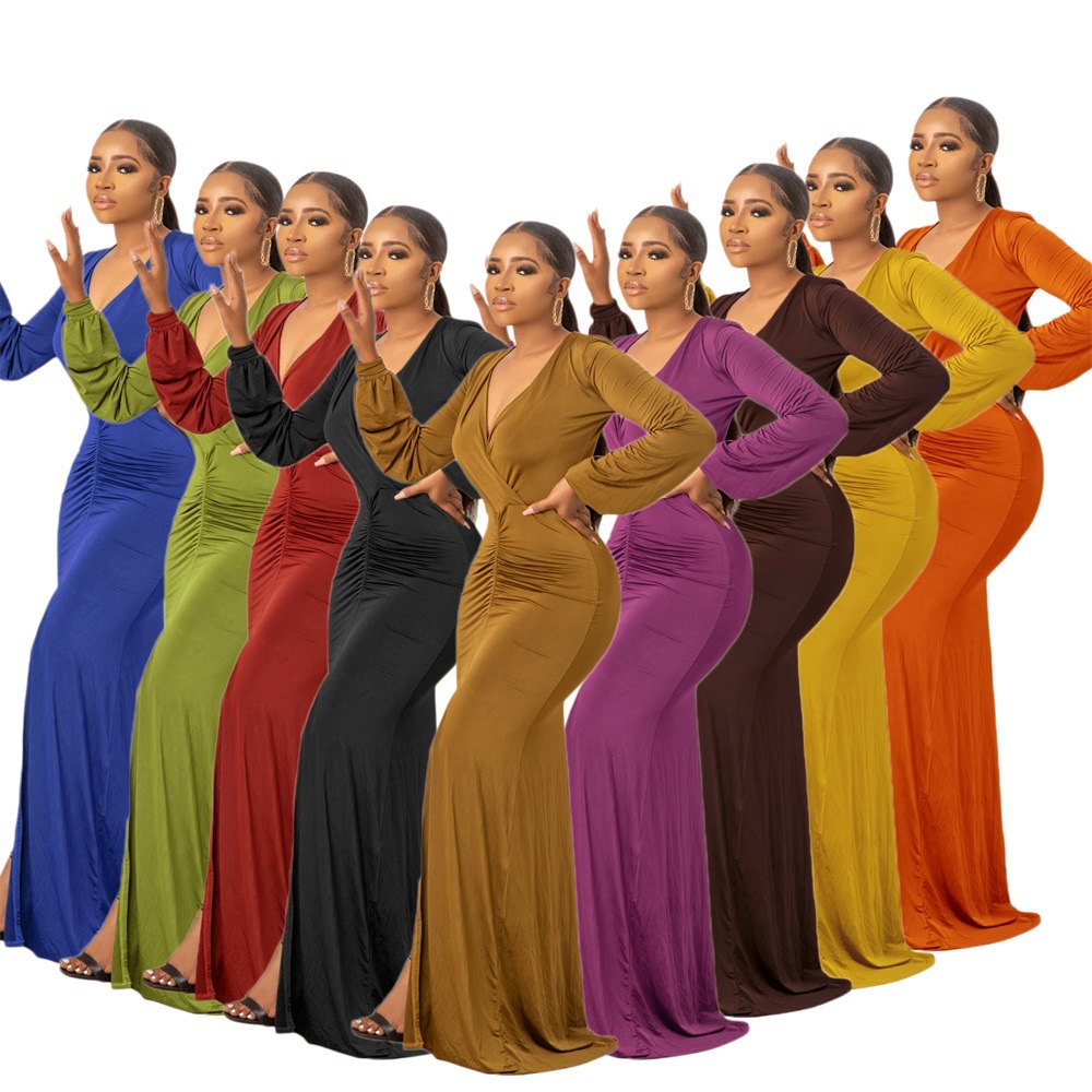 9453 Europe and the United States cross-border Amazon casual long sleeve solid color women's dress dress