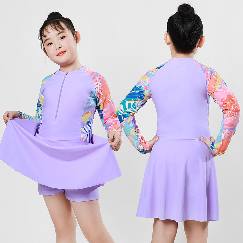 Children's Swimsuit Girls' Middle and Big Children's Split Swimsuit for Chubby Children Quick-drying Sunscreen Solid Color Floral Hot Spring Swimsuit for Summer