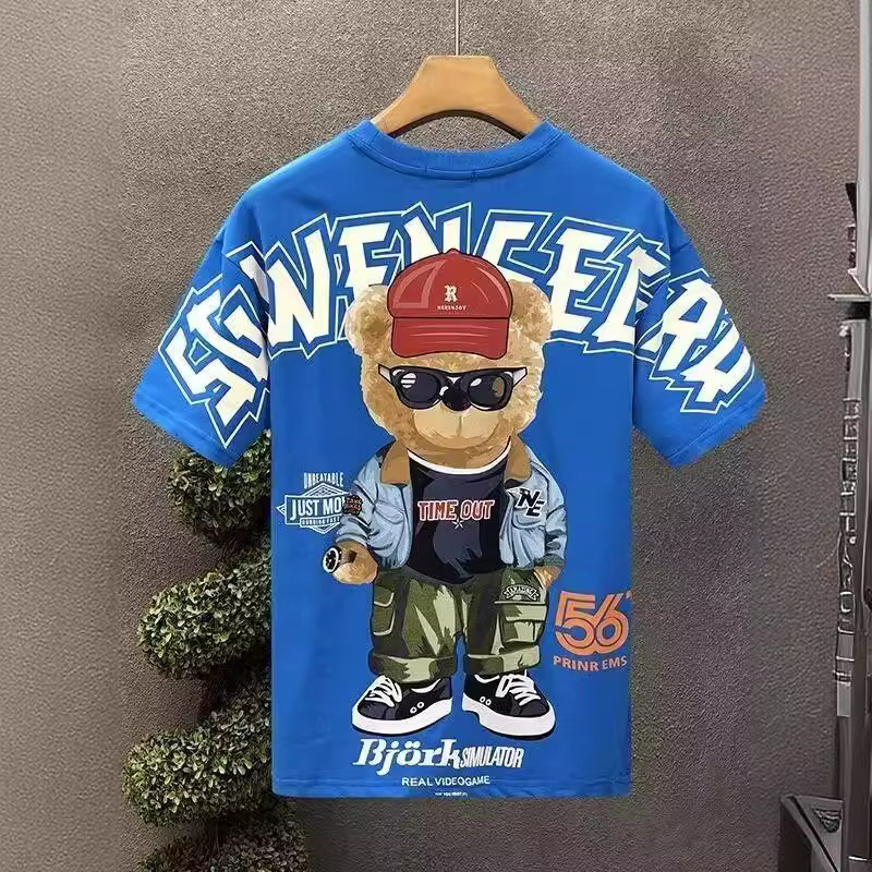High quality drop shoulder cotton T-shirt men's 2024 Summer new fashion brand half sleeve top fun cartoon bear short sleeve t