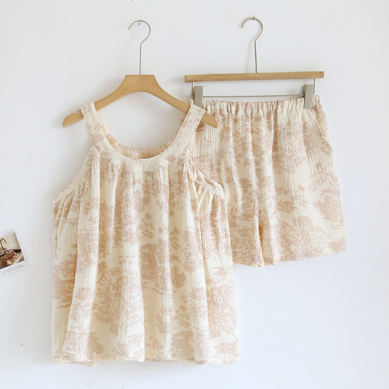 Simple Printed Pajamas Women's Spring and Summer Loose Casual Home Clothes Sling Set Women's Cotton Yarn Two-piece Set