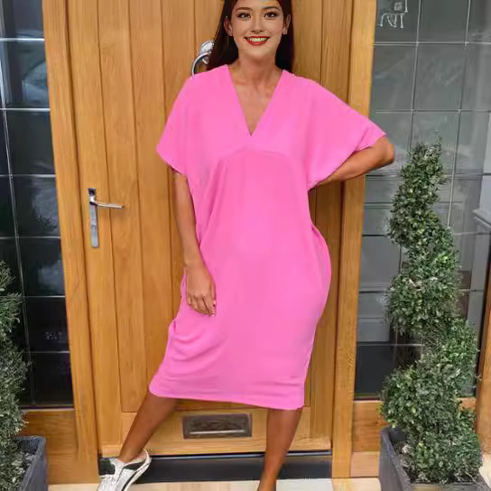 2024 spring and summer new European and American Foreign trade Women's V-neck short sleeve Ice Silk dress cross-border solid color casual midi dress