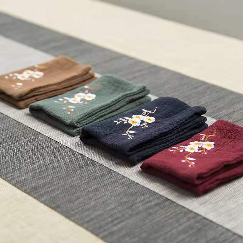 Wholesale cotton and linen tea towel home absorbent tea tray pot cleaning tea cloth Zen retro plum blossom embroidery tea towel printing