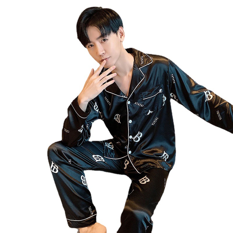 New Arrival Pajamas Men's Ice Silk Long Sleeve Cardigan Lapel Emulation Silk Plus Large Size Home Suit Outfit
