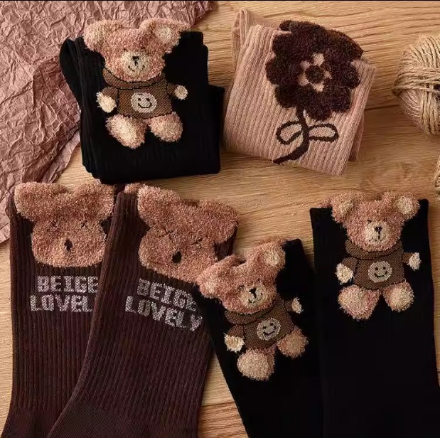Feather yarn Brown cute plush bear socks women's mid-calf length socks Japanese autumn and winter stockings