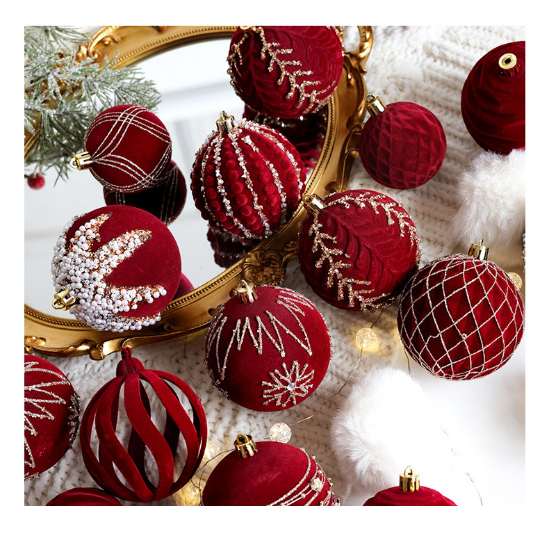 Christmas tree decorative ball Christmas painted ball flocking dark red Christmas ball Pearl DIY hanging decoration scene layout_voghion.com
