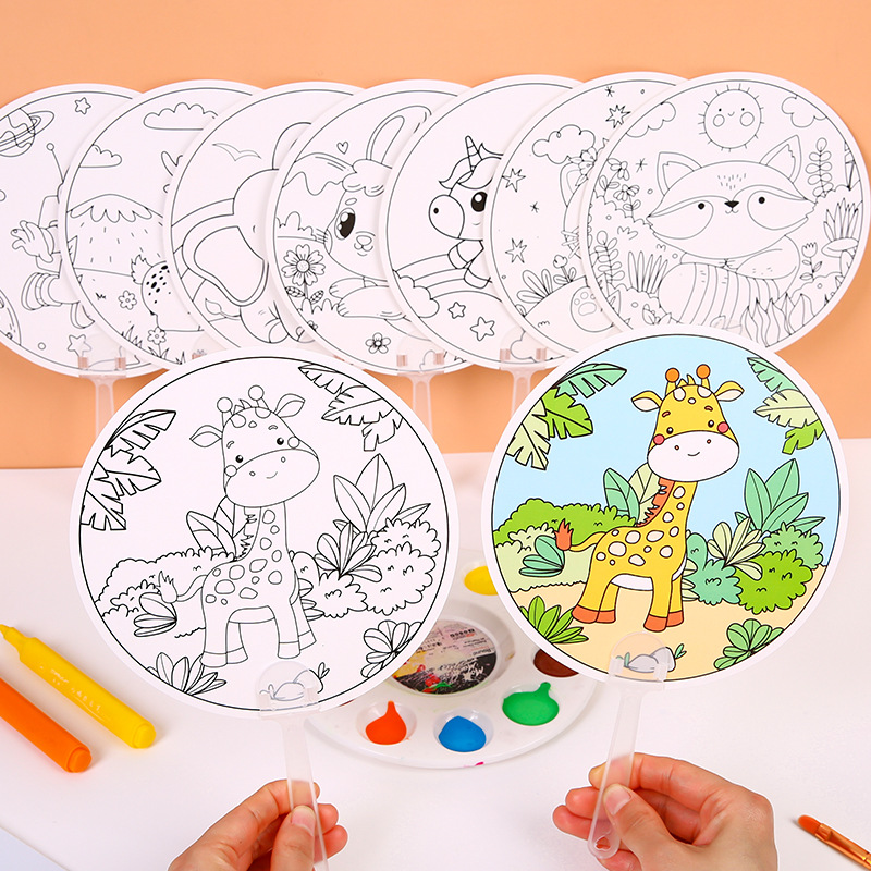 Children's Handmade Graffiti Fan Creative DIY Coloring Painting Small Fan Cartoon Blank Round Fan Educational Toy