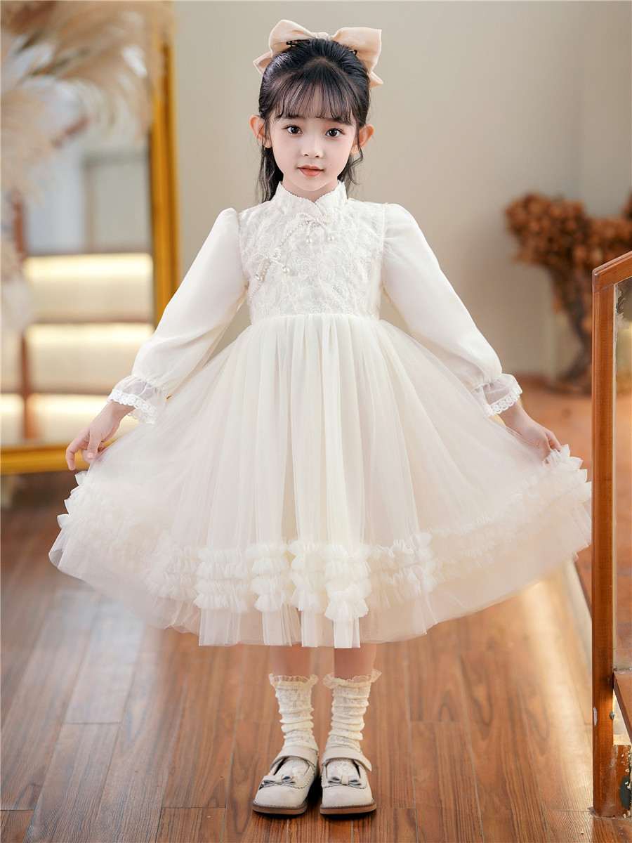 Girls' dress spring new Chinese cheongsam stand collar children's dress Princess dress little girl Western style mesh skirt