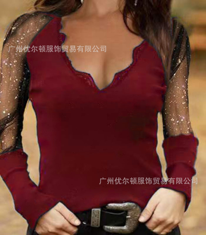 2022 Amazon wish European and American Cross-border Spring New Women's Solid Color Fashion V-neck Long Sleeve Top T-shirt