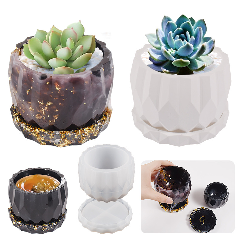 Yu Meiren diy epoxy resin gypsum cement storage box round diamond cut surface flower pot bottom support silicone mold