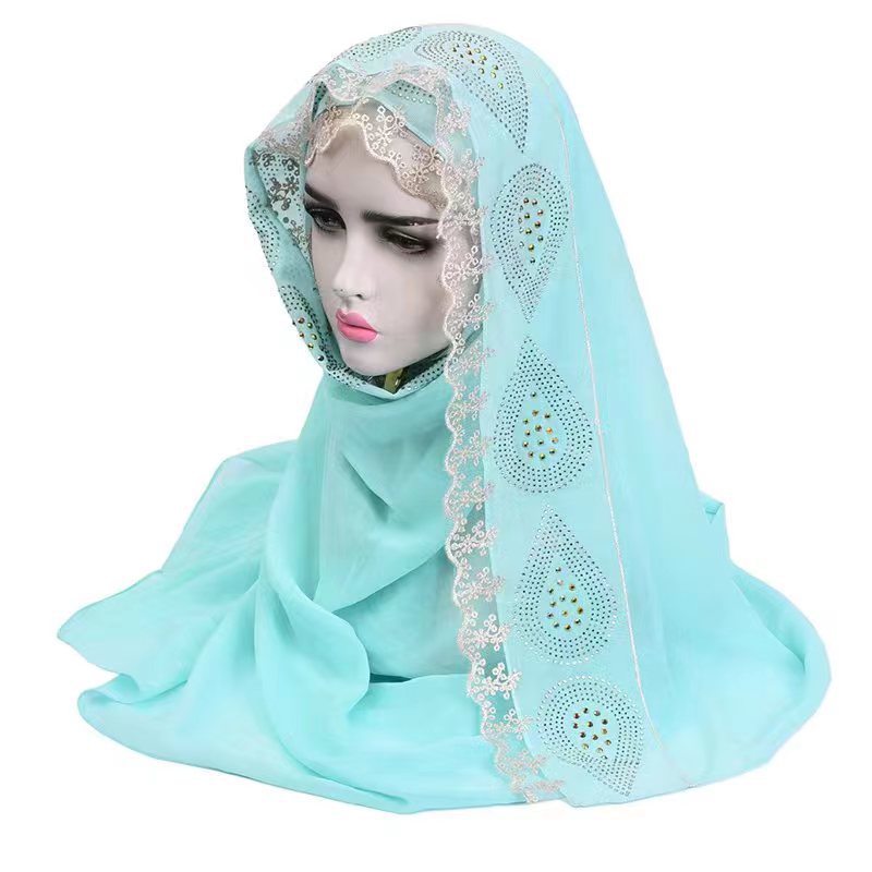 Cross-border Middle East Arab New Headscarf Pearl Chiffon Stitching Lace Boutique Scarf Love Drops Rhinestone