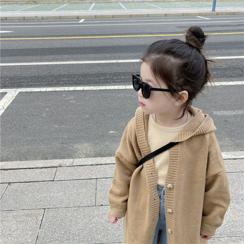 Girls' Spring and Autumn New Korean style western style hooded long single-breasted sweater coat lazy style all-match knitted cardigan