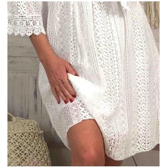 Amazon 2023 Spring New Lace Dress European and American Foreign Trade V-Neck Hollow Lace Flare Sleeve Dress