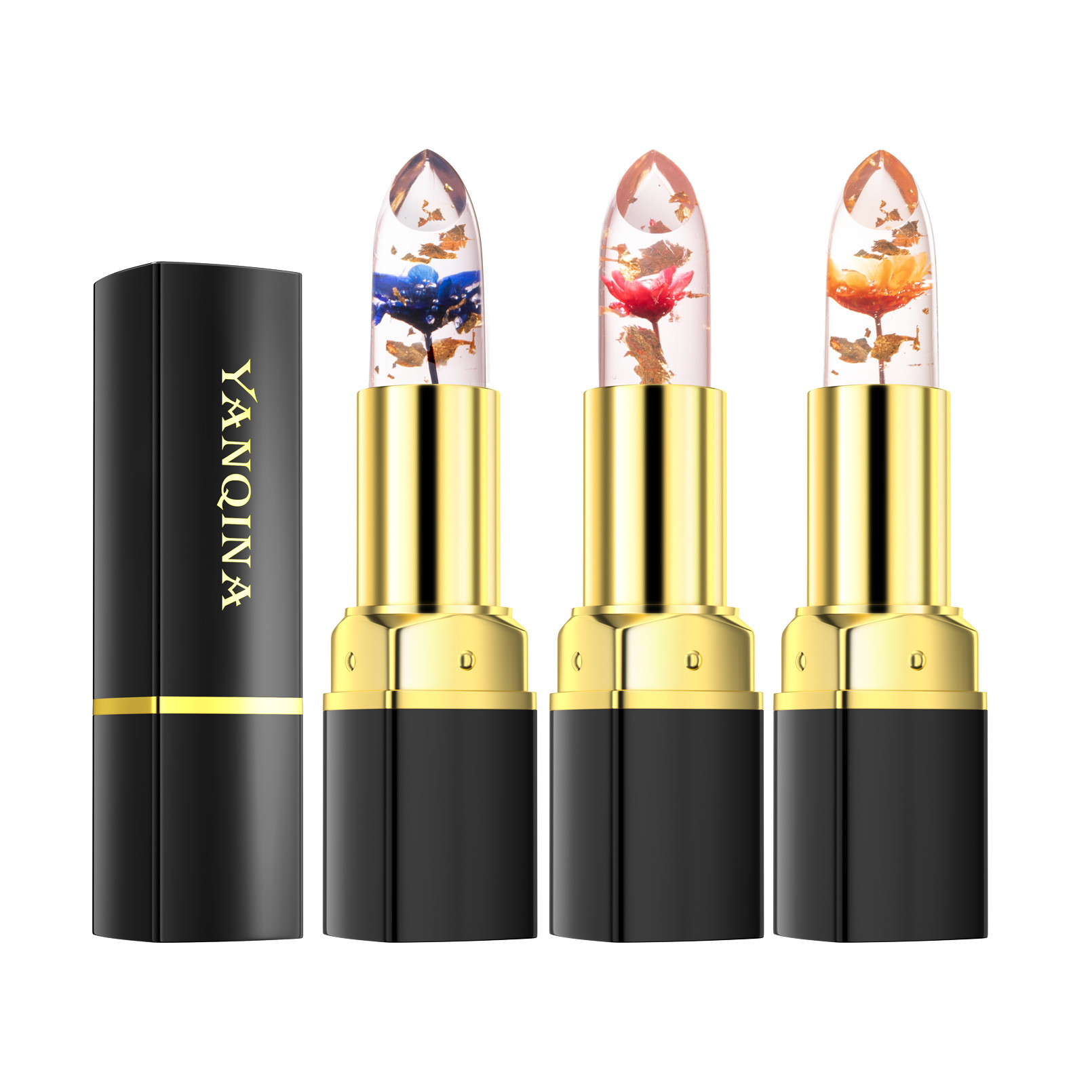 YANQINA flower jelly lipstick gold foil lipstick color change does not decolorize moisturizing waterproof non-stick cup lip mud makeup