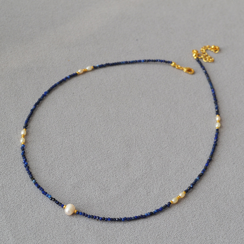 Korean niche design faceted lapis lazuli beaded freshwater rice small pearl extremely fine simple temperament short necklace