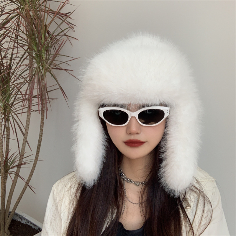 Autumn and Winter plush faux fox fur Lei Feng hat ski hat retro Internet Celebrity All-match warm fur furry ear protection