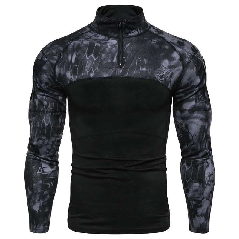 2024 Amazon Men's Military Battlefield Outdoor Elastic Fitness Camouflage Long Sleeve T-Shirt Men's Zipper Pocket Men's Clothing