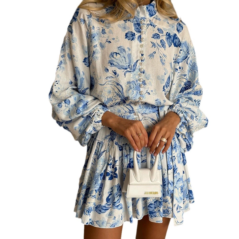 European and American Women's 2024 Early Autumn Vintage National Style Ink Painting Printing Bubble Sleeve Waistband Short dress