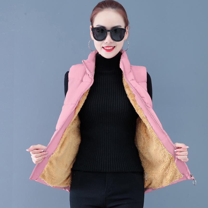 Autumn and Winter Down Cotton Outer Wear Large Size Vertical Collar Vest Korean Style Velvet Vest Warm Waistle Sleeveless Jacket