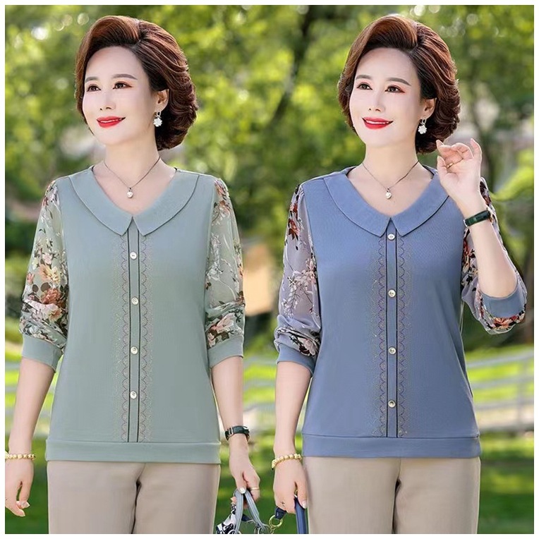 Live broadcast of the same  summer new loose thin middle-aged women's T-shirts with spliced ​​printing and slimming shirts