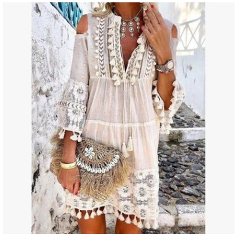 2021 Amazon beach dress popular new European and American high-end beach lace tassel long women's clothing
