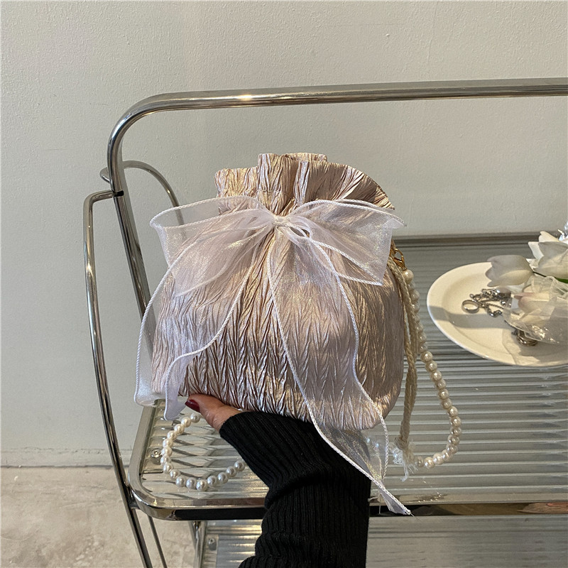 2022 Korean Style Lace Small Bag Women's Crossbody Shoulder Styish Small Bag Fairy Handbag Pearl Chain Bucket Bag