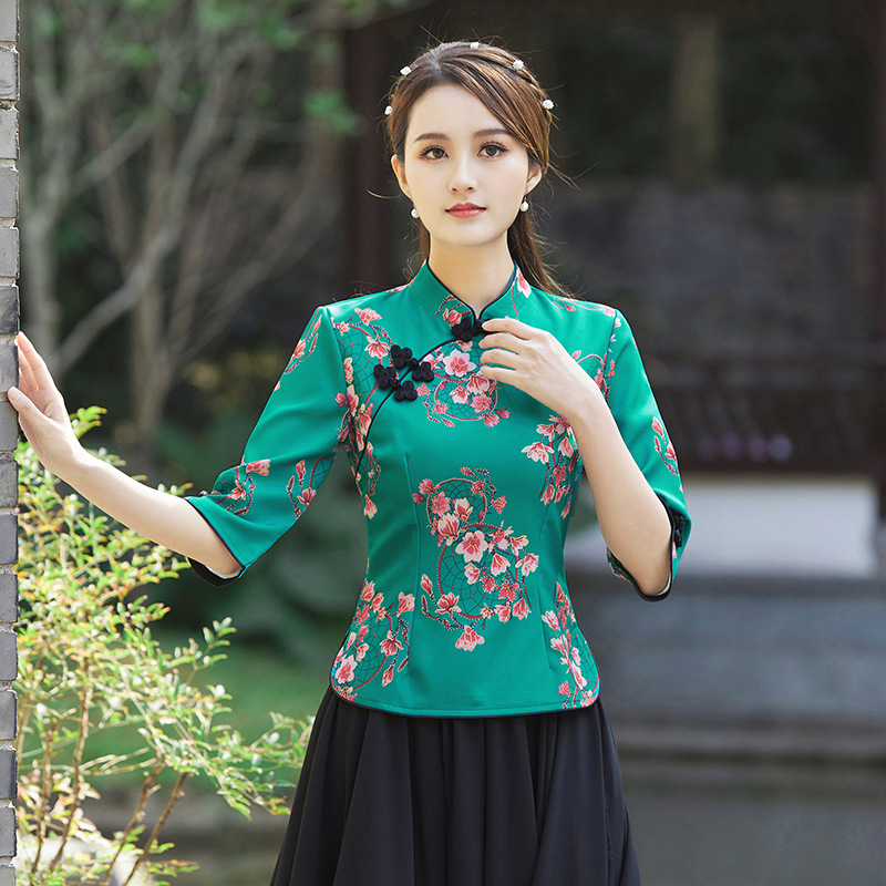 Spring and Summer New Tang Suit Retro Improved Cheongsam Suit Chinese Hanfu Ethnic Chinese Style Top Women's Performance Costume
