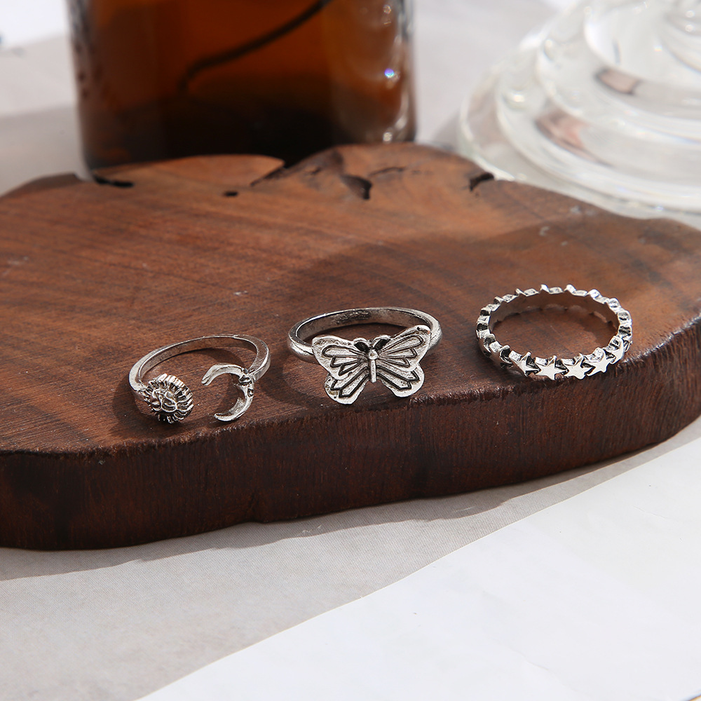 Creative Retro Sun Butterfly 3 Piece Set Open Ring Do Old Creative Personality Open Joint Ring_voghion.com