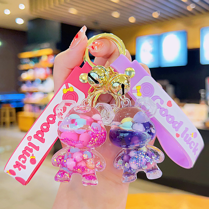 Cartoon violent bear quicksand bottle key chain stall small gifts wholesale acrylic floating into the oil liquid key chain