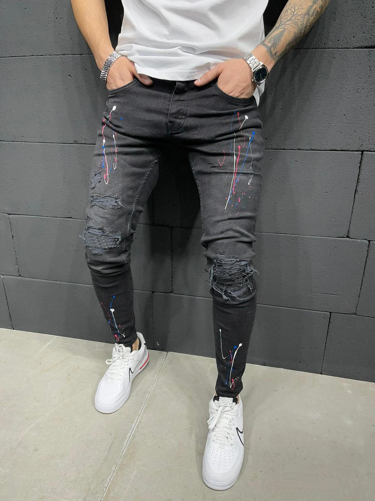 Cross-border European and American men's ripped printed jeans Amazon Qitong paint stretch skinny jeans New