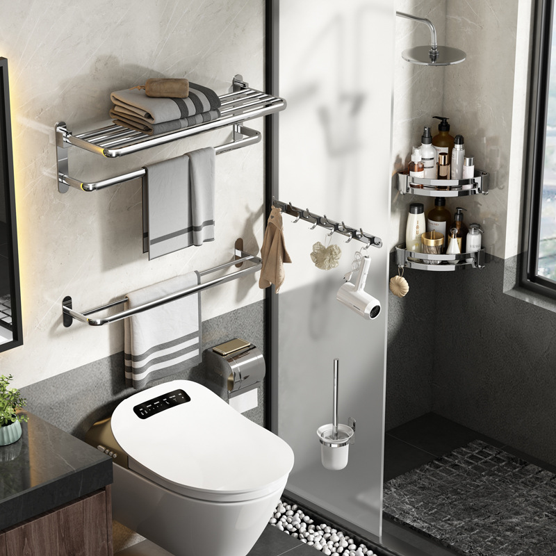 Towel rack stainless steel non-perforated bath towel toilet bathroom rack wall-mounted bathroom hardware pendant set