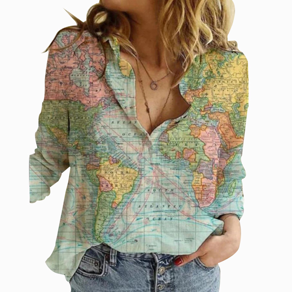 Women's 2024 Autumn New Shirt Fashion Map Depicting Printed Long Sleeve Top for Women