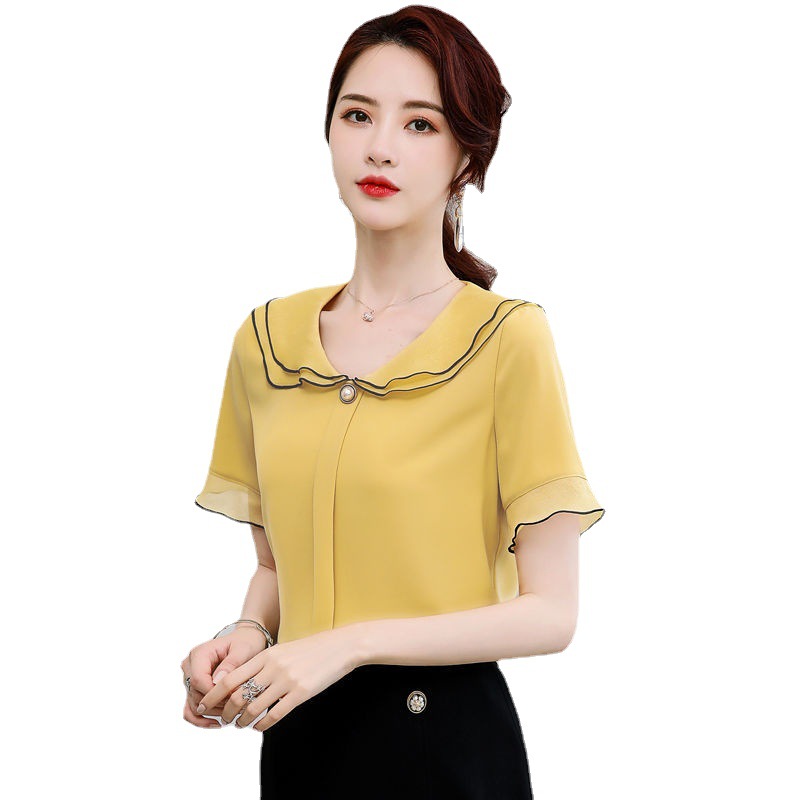 2021 Summer New Women's Chiffon Shirt Women's Short-sleeved Doll Collar Top Super Fairy Korean Style Loose Base Shirt