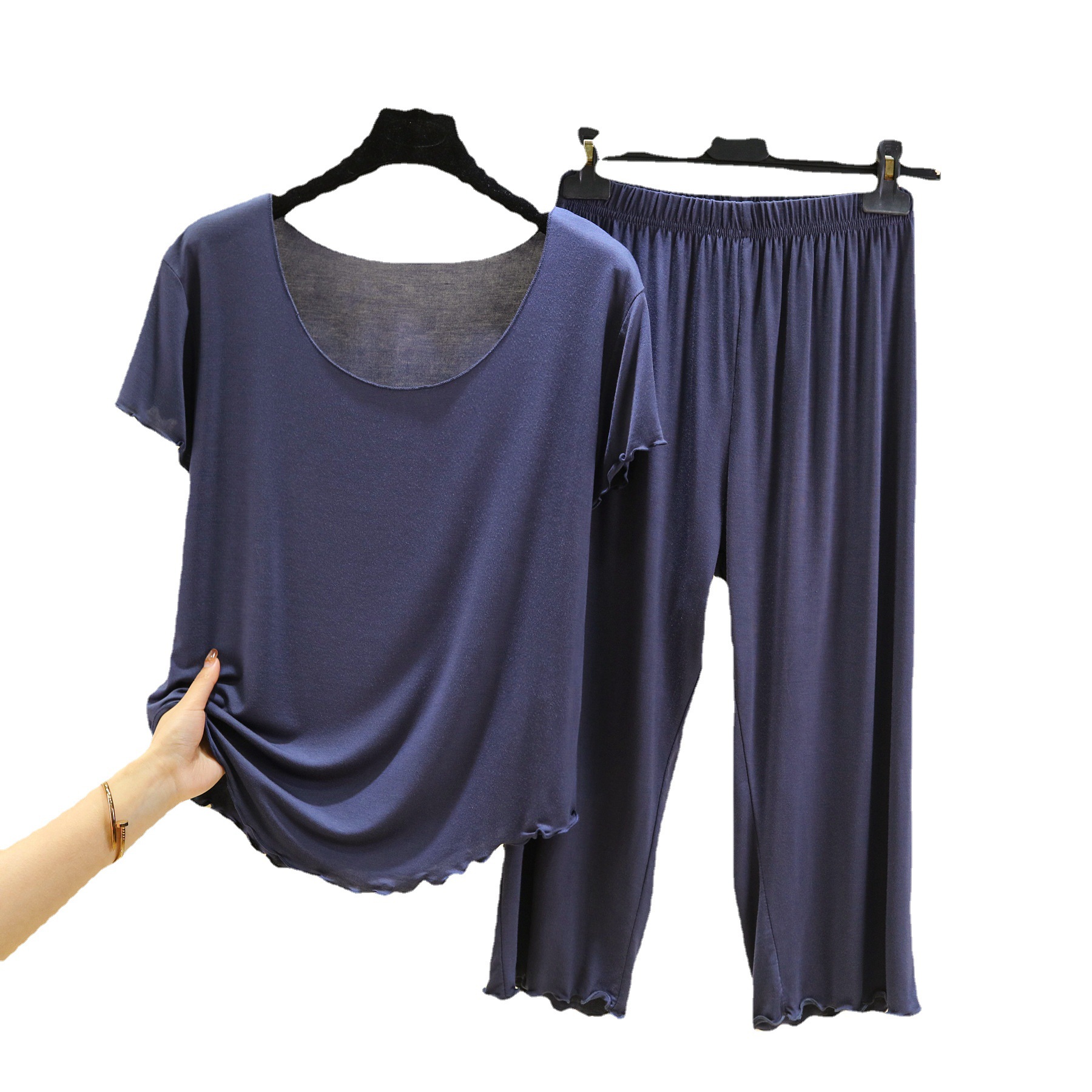 Modal Pajamas Set Women's Summer Thin Large Size Outer-Wearing Short-sleeved Cropped Pants Loose Two-piece Set