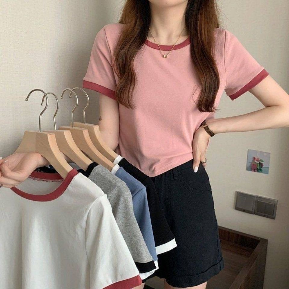 2022 New Summer Base Shirt Korean Slim-fit Short Student Top Trendy Contrast Crewneck Short-sleeved T-shirt for Women