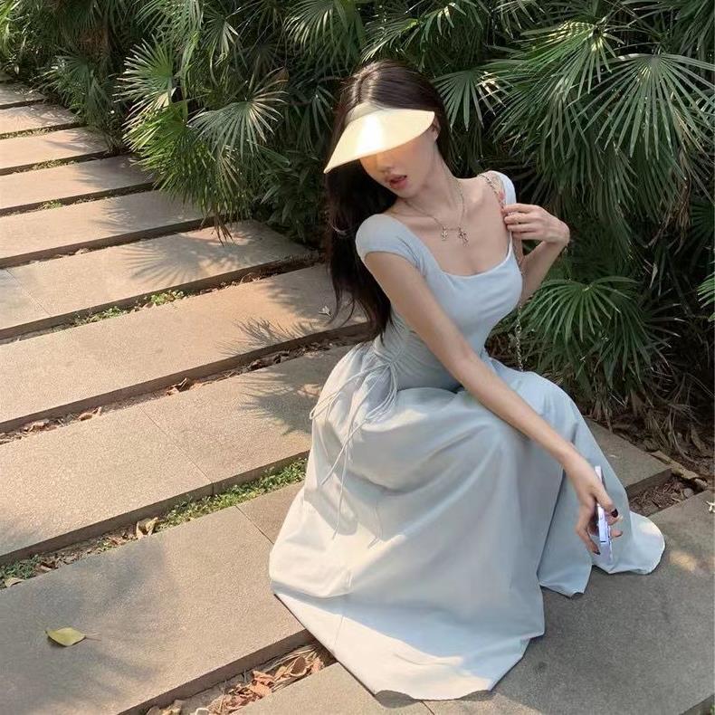 Simple style this year's popular beautiful vest dress women's summer Fishbone pleated waist mid-length dress fashion