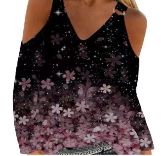 2023 cross-border European and American manufacturers supply 3D printing fashion V-neck loose T-shirt casual off-shoulder women's clothing