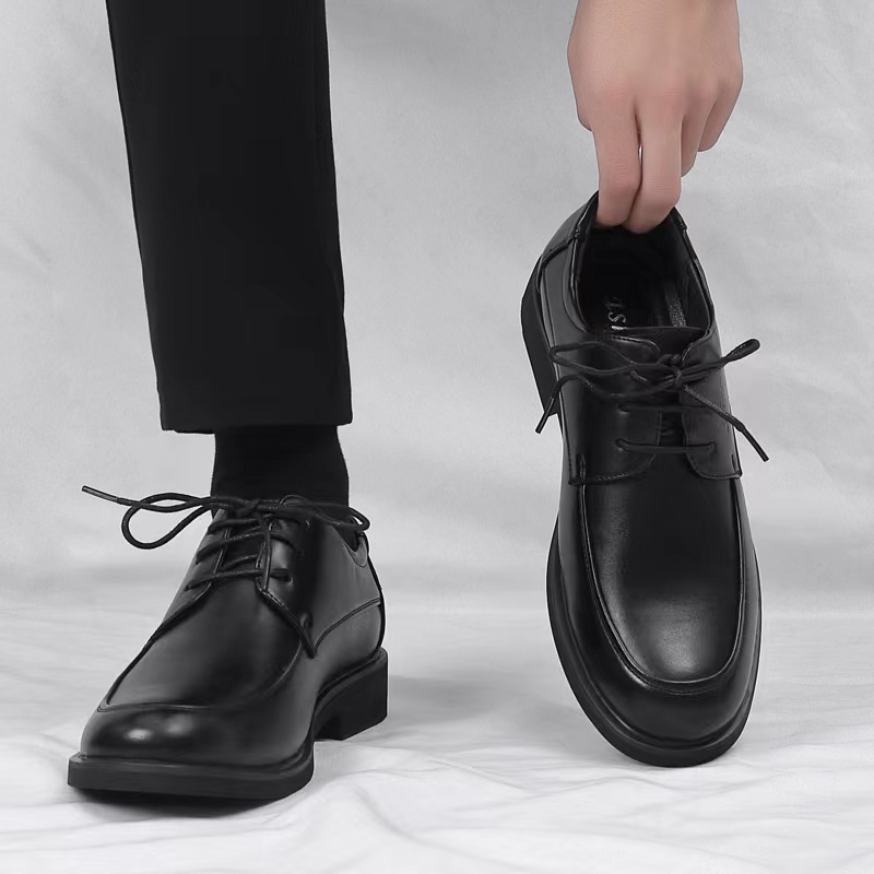 Business Formal Casual Shoes, British Style Groom and Best Man Heeled Suit Shoes, Black High-Grade Wedding Leather Shoes for Men, Summer Breathable