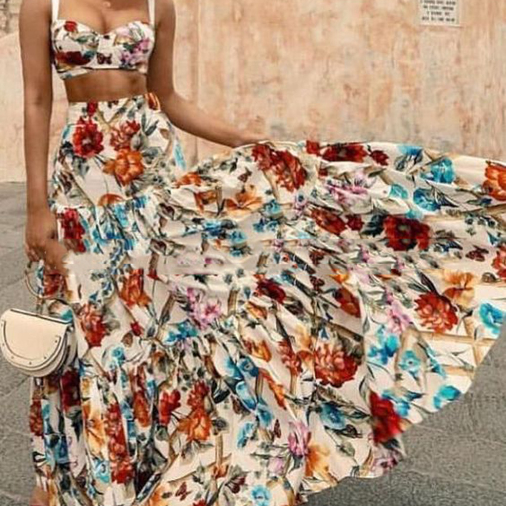 2024 cross-border spring and summer new European and American women's clothing sexy temperament strap printing dress suit beach dress two-piece suit