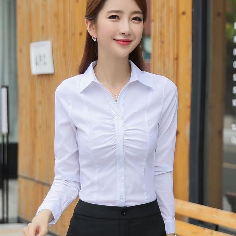 Design Sense White Pleated Women's Long-sleeved 2024 Spring New Slim-fit Slimming Lapel Micro-elastic Base Top Shirt